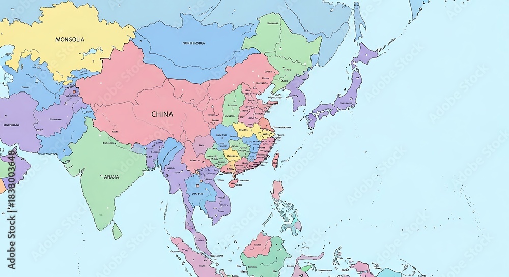 Fototapeta premium Political Map of East Asia Showing Countries and Capitals.