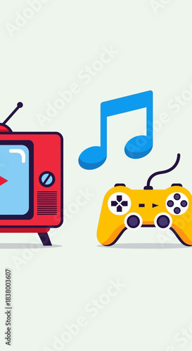 Retro TV, music note, and game controller representing entertainment media.