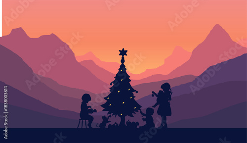 Flat vector Mountain landscape. Morning forest panorama, pine trees, and mountain silhouettes. Christmas themed vector background.