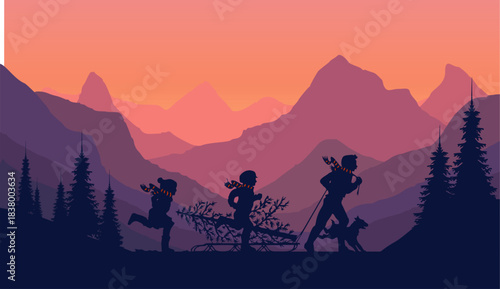 Flat vector Mountain landscape. Morning forest panorama, pine trees, and mountain silhouettes. Christmas themed vector background.