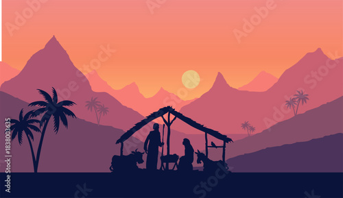 Flat vector Mountain landscape. Morning forest panorama, pine trees, and mountain silhouettes. Christmas themed vector background.