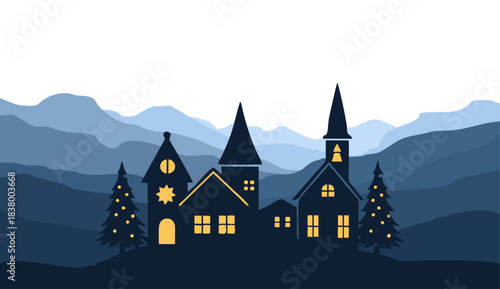 Flat vector Mountain landscape. Panorama of a Christmas village and silhouettes of deer and pine trees. Christmas themed vector background.