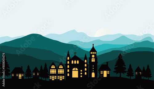 Flat vector Mountain landscape. Panorama of a Christmas village and silhouettes of deer and pine trees. Christmas themed vector background.