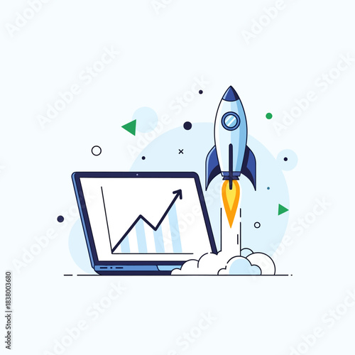 Rocket Launching from Laptop with Growth Chart.