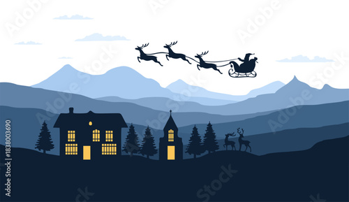 Flat vector Mountain landscape. Mountain panorama and Christmas train, pine trees, and mountain silhouettes. Christmas theme vector background.