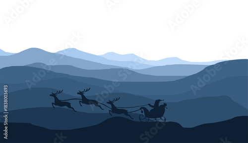 Flat vector Mountain landscape. Mountain panorama and Christmas train, pine trees, and mountain silhouettes. Christmas theme vector background.