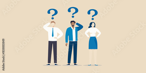 People pondering with question marks above their heads seeking answers