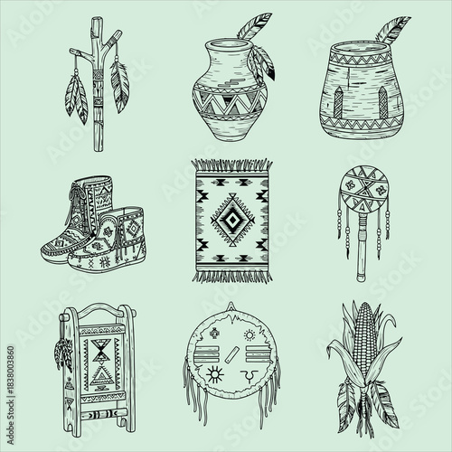 Collection of traditional native american cultural symbol doodles