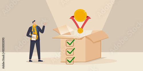 A man presenting a golden coin and medals from an opened cardboard box