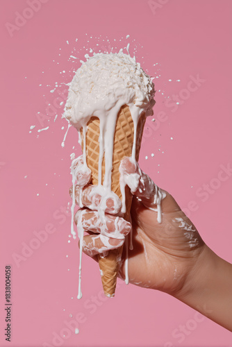 Ice cream dripping through fingers on hot day, temporary pleasures and time concept, summer photography