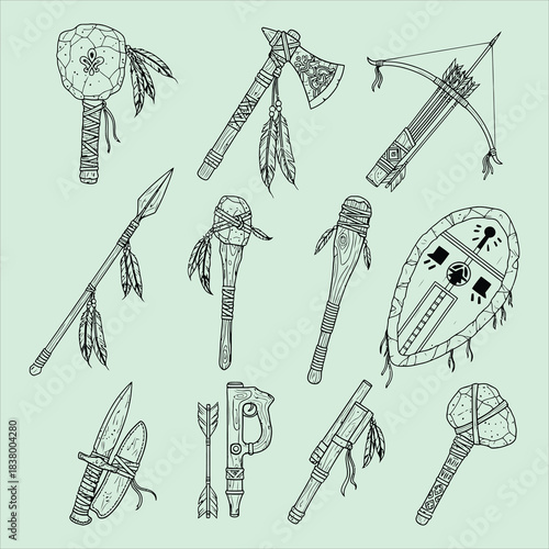 Indigenous tribal weapons and tools, ancient craft vector art