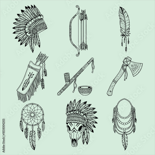 Native american tribal artifacts vector collection line drawing