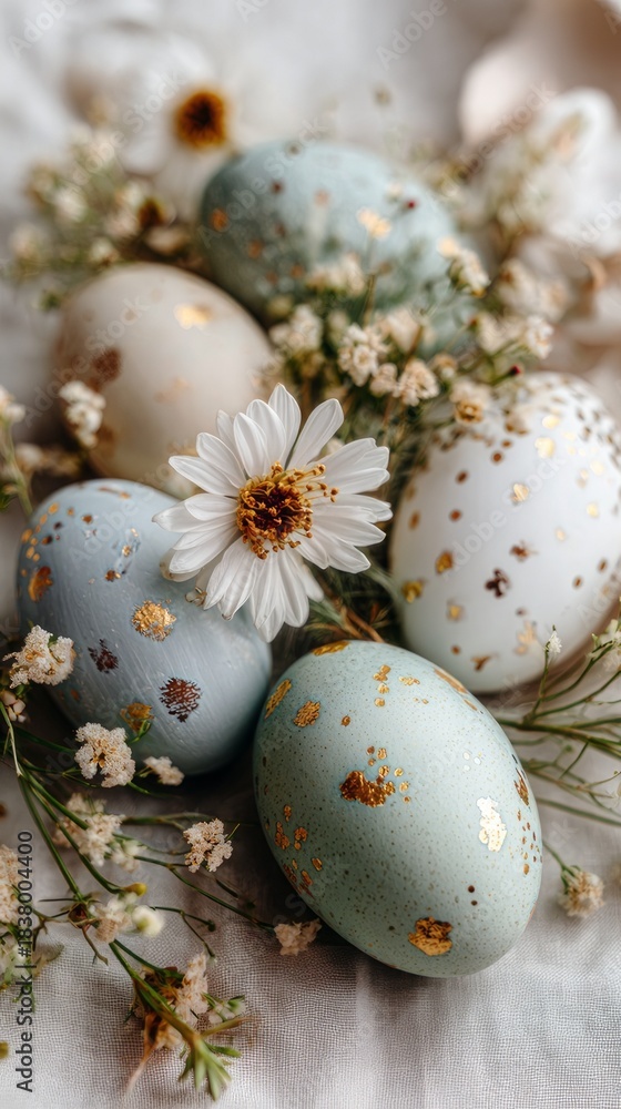 Obraz premium Luxury pastel Easter eggs with flowers in soft spring setting