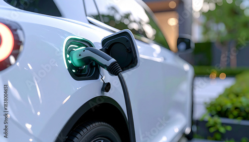 EV Charging Point: A sleek, white electric vehicle, charging gracefully with the latest technology, symbolizes the future of transportation and environmental consciousness.
