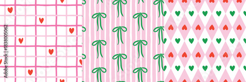 Valentine seamless pattern set with hand-drawn hearts, bow, stripes, and checkered design in pink, red, and green. Background for gift wrap, fabric prints, nightwear, packaging, wallpaper. 