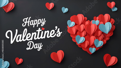 Happy Valentine’s Day text with heart shapes on dark background romantic design