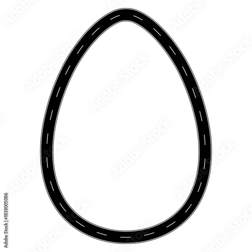 Egg teardrop road loop icon, black track with dashed lane markings design