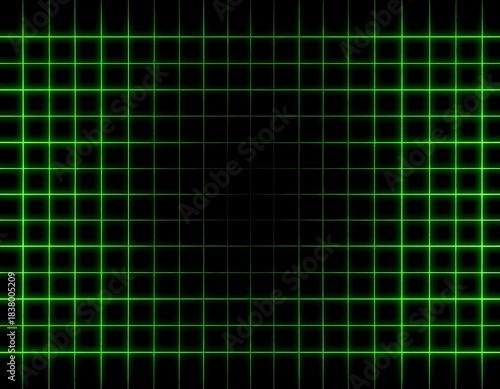 A stark, symmetrical composition. A vibrant green grid frames a deep black center. Square cells form the patterned design