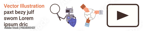 Cybersecurity, AI, global teamwork, media, technology, online safety. Robot with shield, hands holding Earth play button magnifying glass. Cybersecurity and AI for digital safety and collaboration