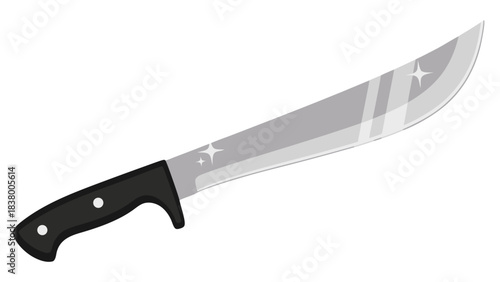 A shiny silver curved blade knife with a black handle rests against a dark background with sparkling highlights suggesting sharp focus and cleanliness