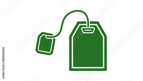 A simple dark green outline illustration of a tea bag with a string and tag on a solid black background