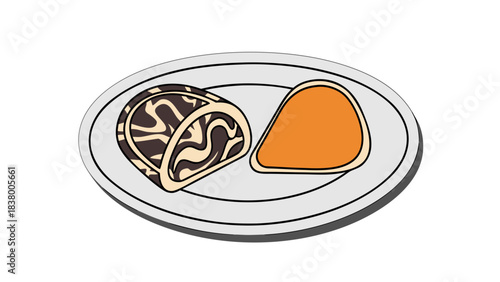A Simple Illustration of a Chocolate Roll Cake and Orange Mousse Served on a White Oval Plate Against a Black Background