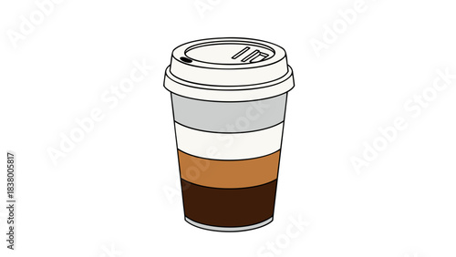 A To Go Coffee Cup With A White Lid And Stacked Layers Of Brown And White Colors Isolated On A Black Background