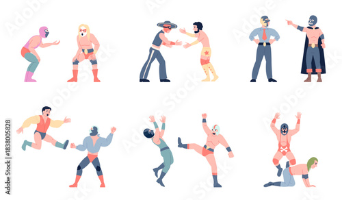 Luchadores characters. Mexican fighters championship, wrestling workout. Wrestler from mexico in mask and costumes, fight show recent vector participants