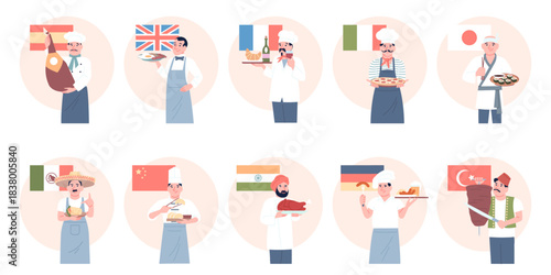 Different country chefs. Chef presents traditional cuisine dishes various lands. Italian french spanish meals, turkey, kebab, mexican taco, recent vector set
