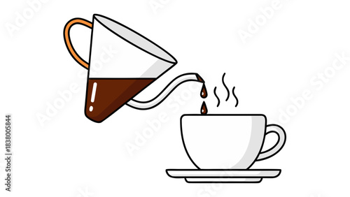 A White Ceramic Cup and Saucer Receives Dark Coffee Poured from a White and Orange Glass Carafe Against a Black Background
