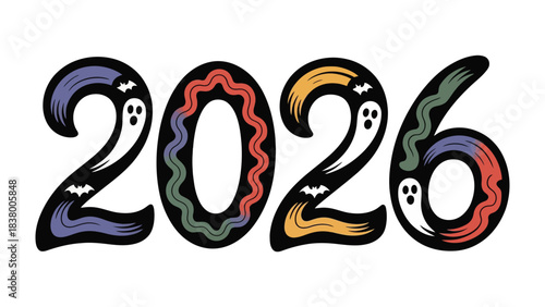 Festive 2026: An eye-catching graphic spells out the year with a vibrant and playful design, ready for Halloween celebration, perfect for adding a touch of spooky fun to the scene.