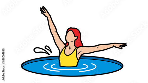 A woman with red hair wearing a yellow swimsuit performs a synchronized swimming move with arms outstretched in blue water against a black background.