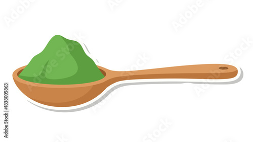 A Wooden Spoon Filled With Green Powder Against A Black Background With White Outline A Simple Illustration Representing A Spice Or Ingredient
