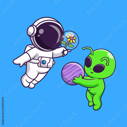 Cute Astronaut Holding Flower And Alien Holding Planet Cartoon