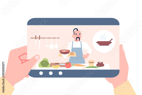 Cooking online lesson. Person looking culinary workshop on smartphone. Traditional cuisine chef cook east european soup, recent vector concept