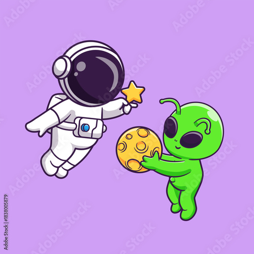 Cute Astronaut Holding Star And Alien Holding Moon Cartoon
