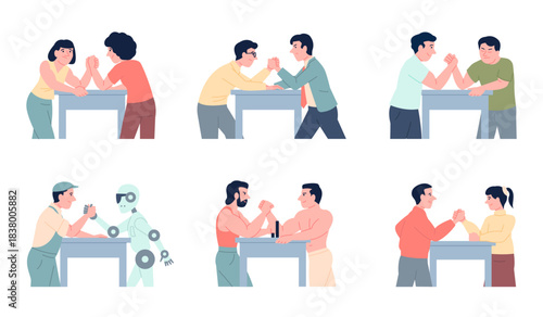 Arm wrestling struggle. Male female fight each other. People and robot armwrestling, competition and business metaphor of success, recent vector set