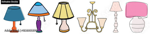 Colorful Hand-Drawn Lamp Set – Editable Stroke Table Lamps, Floor Lamps & Chandelier Illustrations.