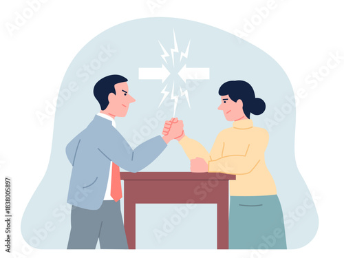 Male female business competition. Businesspeople struggling, corporate fight, conflict employees in office. Arm wrestling recent vector concept