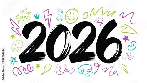 Future Anticipation: A vibrant and playful illustration showcases the year 2026, set against a backdrop of whimsical doodles, sparking curiosity and excitement.