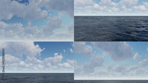 Four different views of the ocean and sky green screen animated chromakey background illustration design scene style gesture figure creative colorful backgrounds frame elements cartoonish