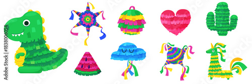 Mexican pinatas. Bright pinata dinosaur, heart, cloud, llama. Children party toy decoration with treats and confetti inside. Carnival fiesta accessories, nowaday vector set