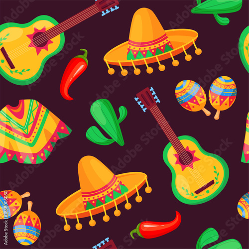 Mexican style seamless pattern. Cartoon sombrero, guitar, cactus, chilli peppers and poncho. Bright traditional elements, fabric wallpaper print, nowaday vector background