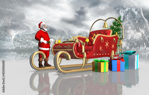 3d Schlitten mit Weihnachtsmann mit goldenen Kufen und Glocke, im Gebirge mit Eis und Schnee . 3d Illustration