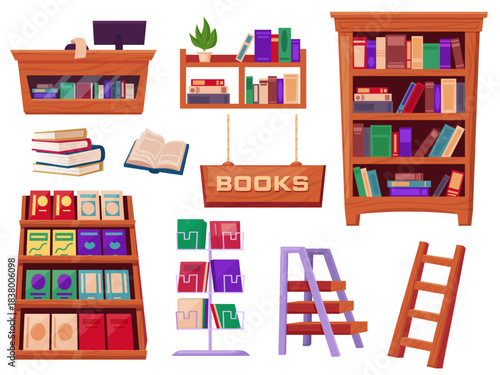 Bookstore furniture. Cashier desk, wooden signboard, bookshelves. Metal stand for magazine, wood ladders, book piles. Library nowaday vector accessories