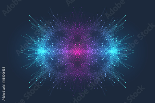 Scientific vector illustration quantum computer technology. Plexus fiction effect. Deep learning artificial intelligence. Big data algorithms visualization. Quantum explosion background.