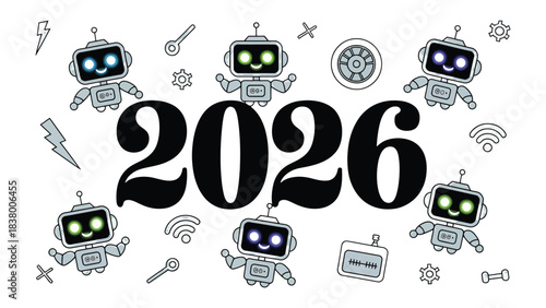 Robots of Future: A playful futuristic scene features an ensemble of animated robots in a circle around the number 2026, set to be the landmark of future technological breakthroughs.
