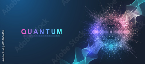 Scientific vector illustration quantum computer technology. Plexus fiction effect. Deep learning artificial intelligence. Big data algorithms visualization. Quantum explosion background.