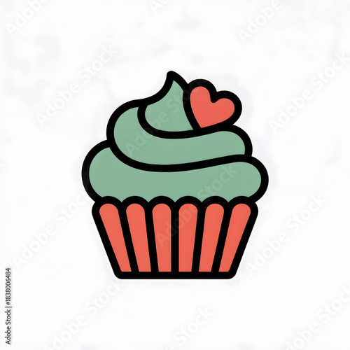 Cute Cupcake Icon With Green Frosting And Pink Heart Minimal Cartoon Design