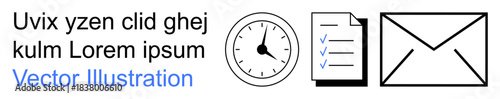 Productivity, communication, task management, time planning, workflow, organization. Clock face, checklist on document and envelope icon. Productivity and communication concept